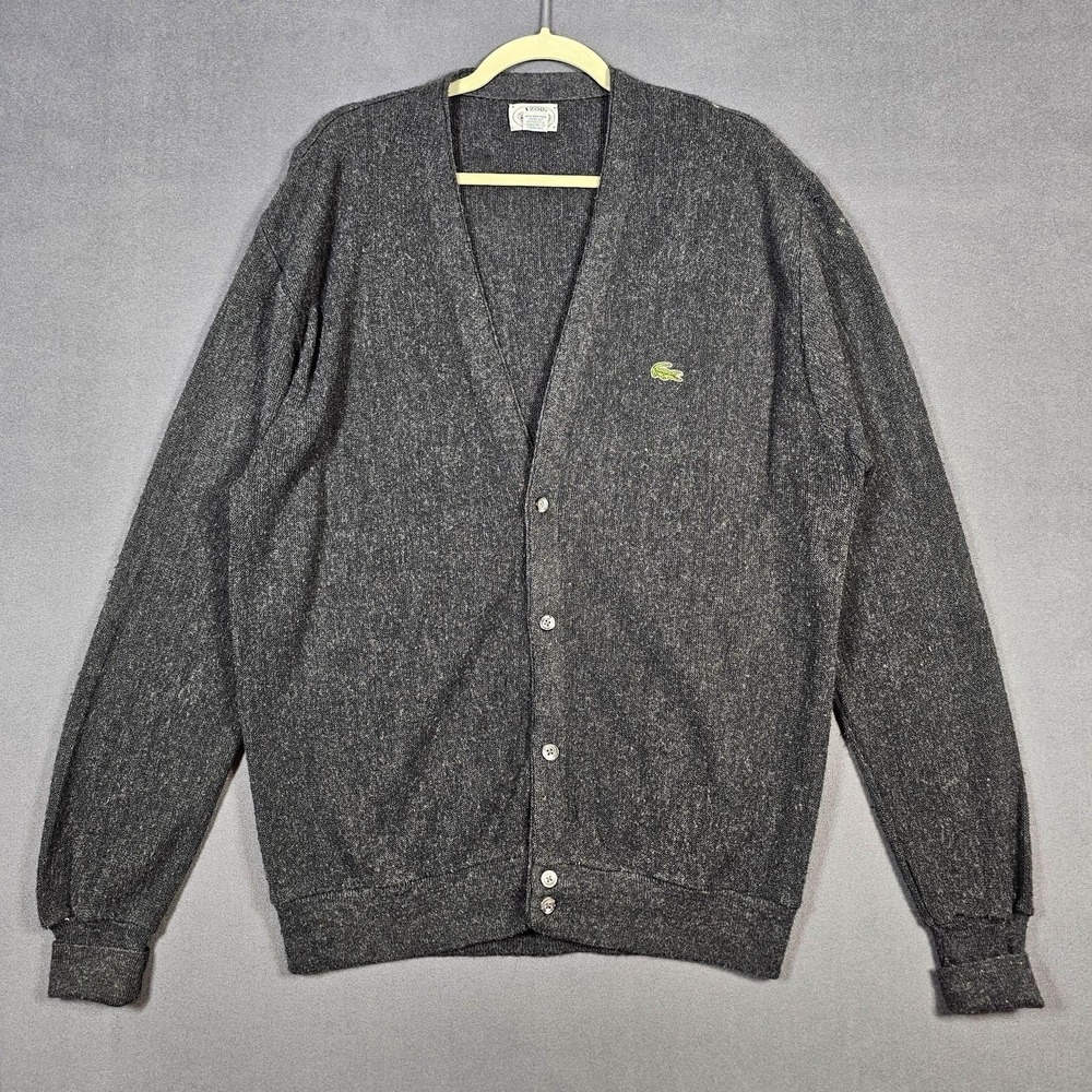 Vintage Izod Lacoste Cardigan Sweater Mens Large Gray V Neck Button Logo USA 80s